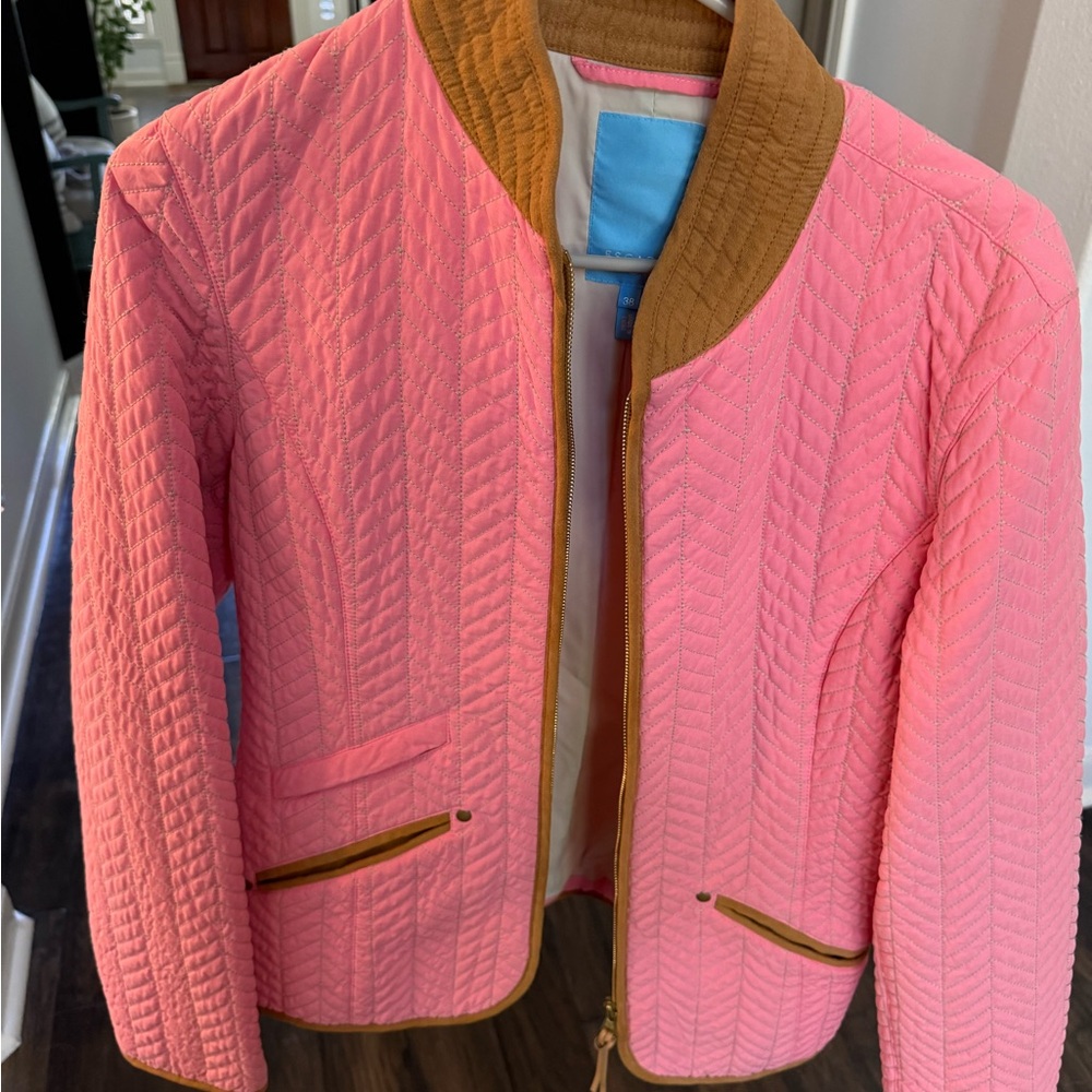 Escada Sport Pink Quilted Bomber Jacket with Brown Trim